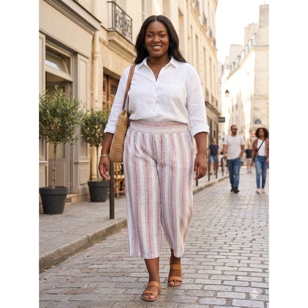 Crown & Ivy Plus Size 3X Striped Wide Leg Cropped Pants Smocked Elastic Waist